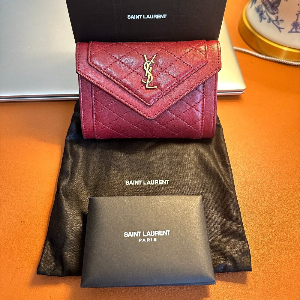 YSL Red Small Gaby Quilted Leather Envelope Wallet with Tags, Box, and Dust Bag